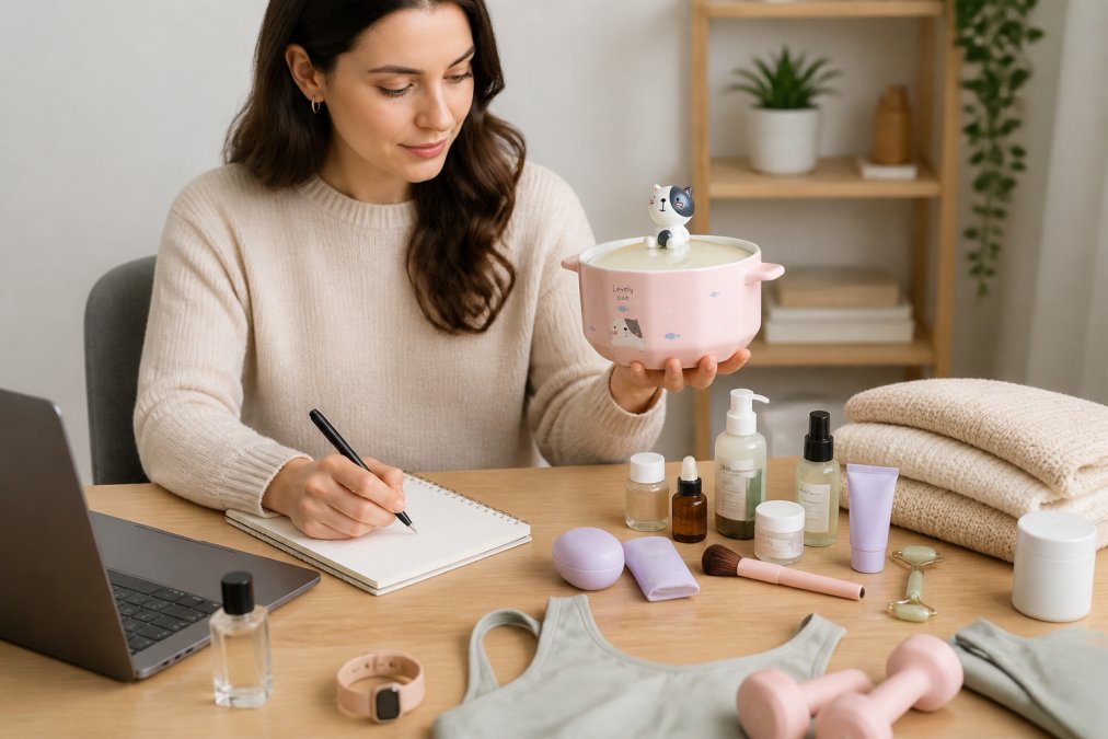 Woman at desk with laptop, notebook, and various beauty products, skincare items, and lifestyle essentials spread out for comparison and evaluation