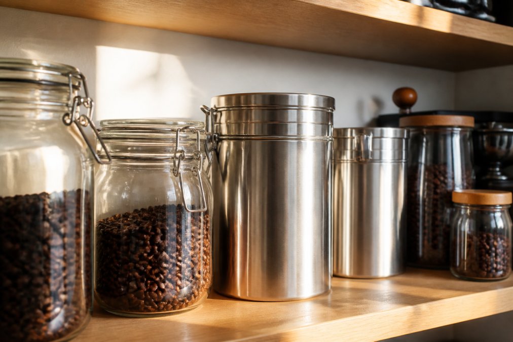 Close-up of various opaque glass jars and airtight stainless steel canisters on a kitchen shelf, whole coffee beans visible inside containers, natural morning light streaming across the shelf