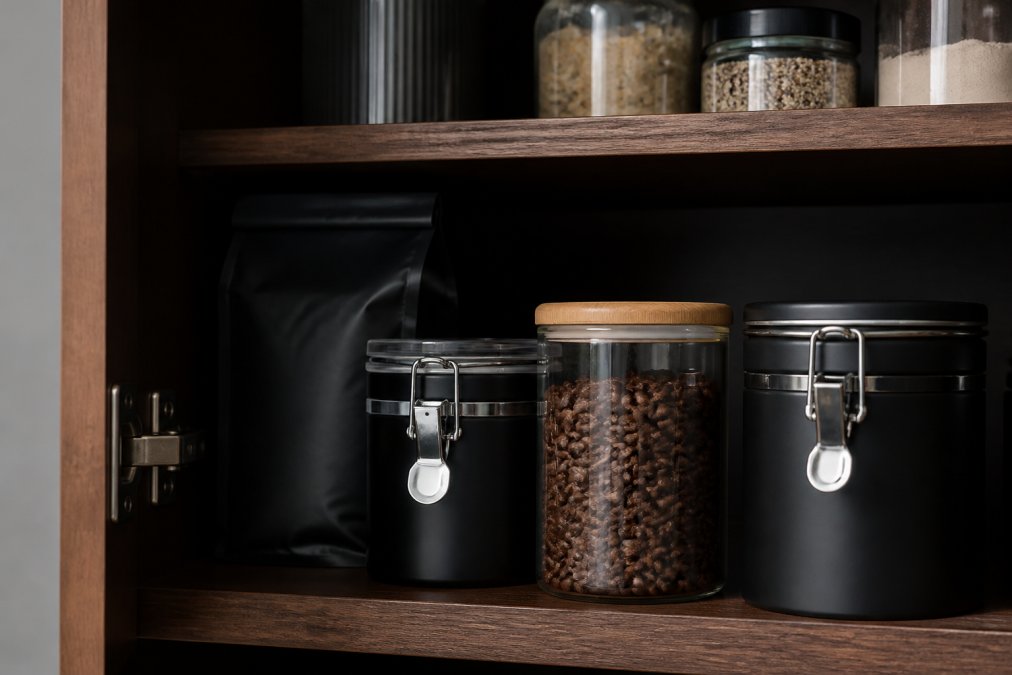 Organized kitchen pantry shelf showing coffee storage containers positioned in a cool, dark cabinet away from sunlight, containers arranged for easy access and visibility