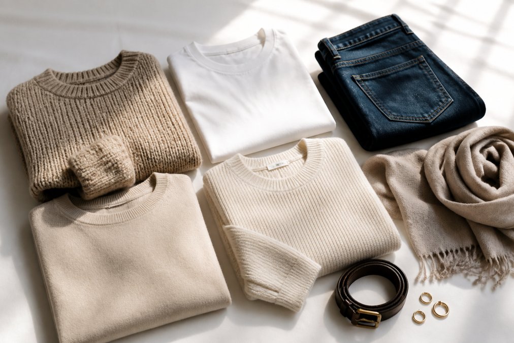 Flat lay of coordinating wardrobe basics including neutral-toned sweaters, white cotton tees, dark denim jeans, and simple accessories like a minimalist belt and plain scarf arranged on a clean white surface with natural daylight
