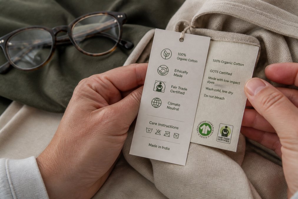 Close-up of someone's hands carefully examining a clothing hang tag and label, with reading glasses resting on the fabric, showing visible certification logos and material content information in natural indoor lighting