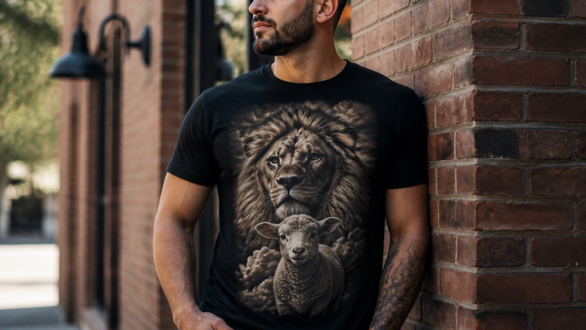 Close-up of a person wearing a bold Christian graphic tee with a detailed lion and lamb illustration, standing in an urban outdoor setting with natural lighting