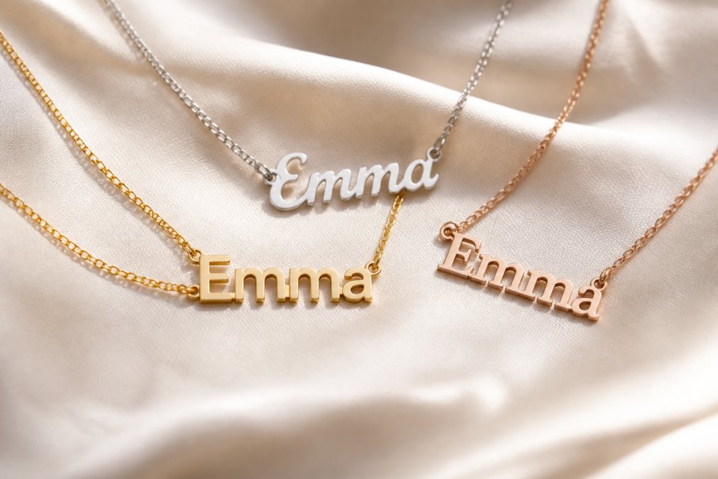 Close-up of personalized name necklaces displayed on soft white fabric, showing three different font styles, cursive, modern block, and elegant serif, with polished stainless steel and gold finishes catching warm natural light