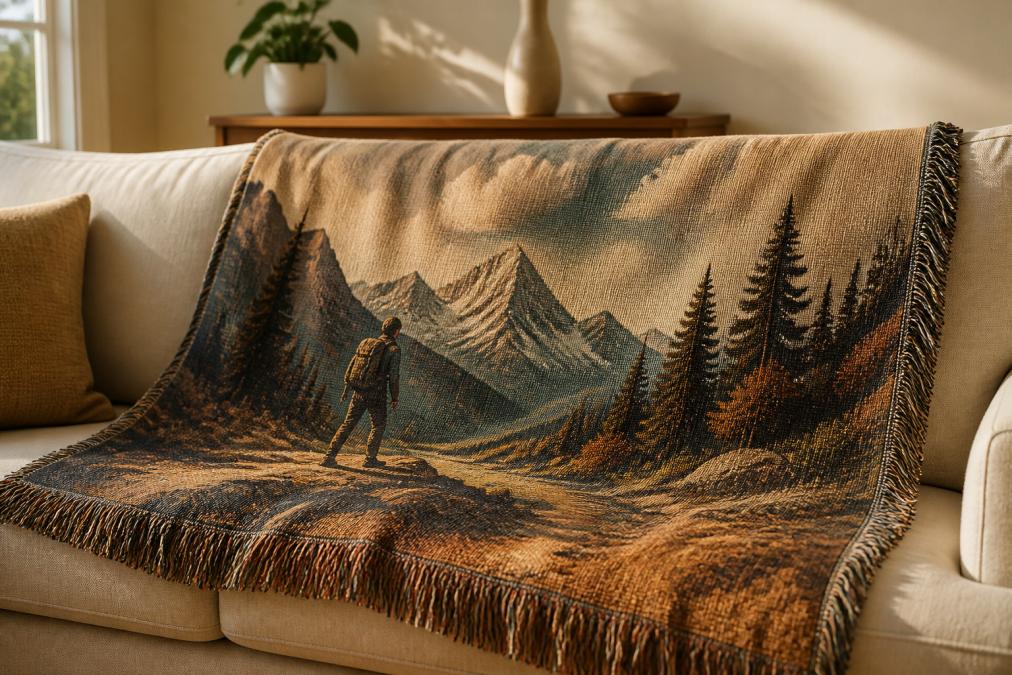 Cozy living room with a custom woven blanket in warm earth tones draped over a cream-colored sofa, showing detailed custom artwork of an adventure scene with mountains and trees, soft afternoon sunlight streaming through windows, creating warm shadows on the blanket's texture