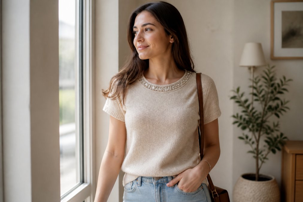 Woman wearing a textured knit t-shirt with jewel neckline styled casually for daytime errands, standing in natural window light with neutral background