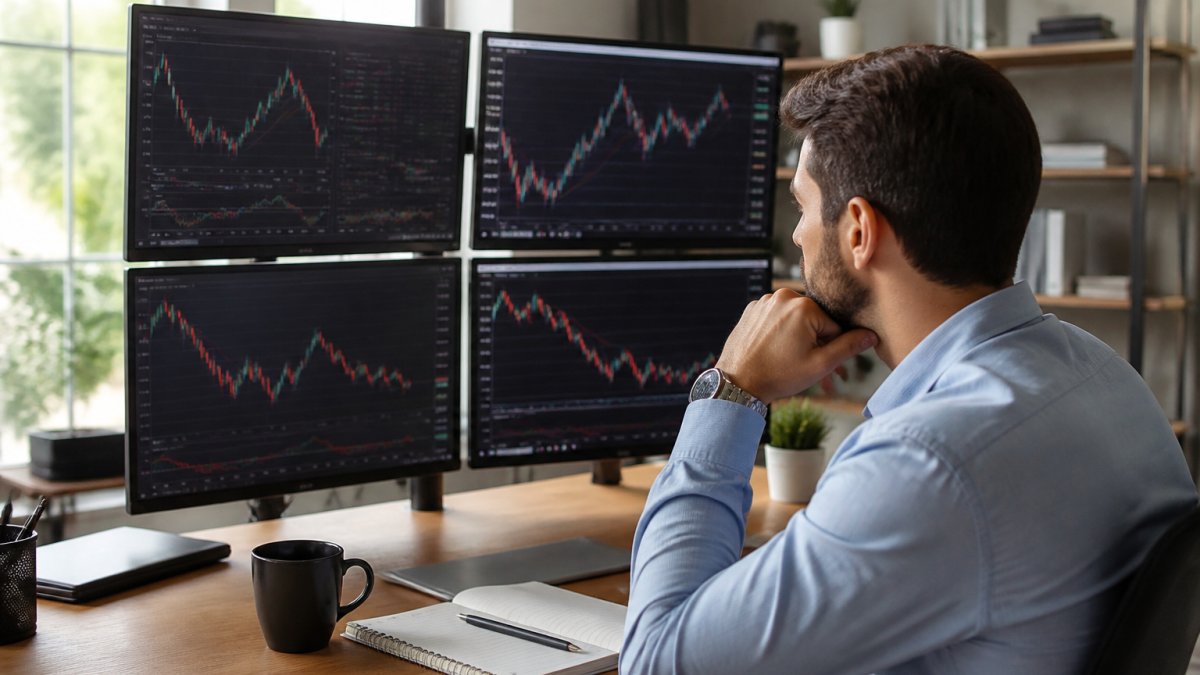 Professional trader analyzing gold price charts and market analytics while evaluating gold trading bot alternatives