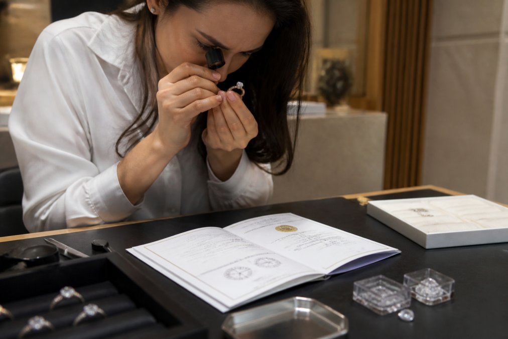 Woman examining a diamond ring under professional lighting with a jeweller's loupe, certification documents and gemstone samples visible on the counter