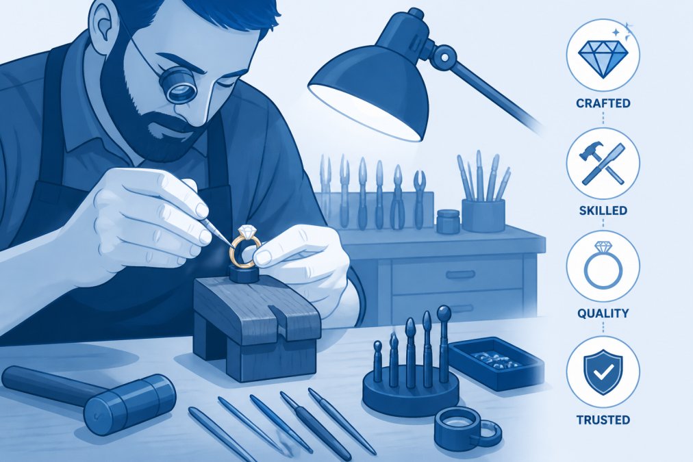 Artisan jeweller at work in a workshop, hands crafting a gold ring with traditional tools under warm workshop lighting, showing the craftsmanship behind fine jewellery