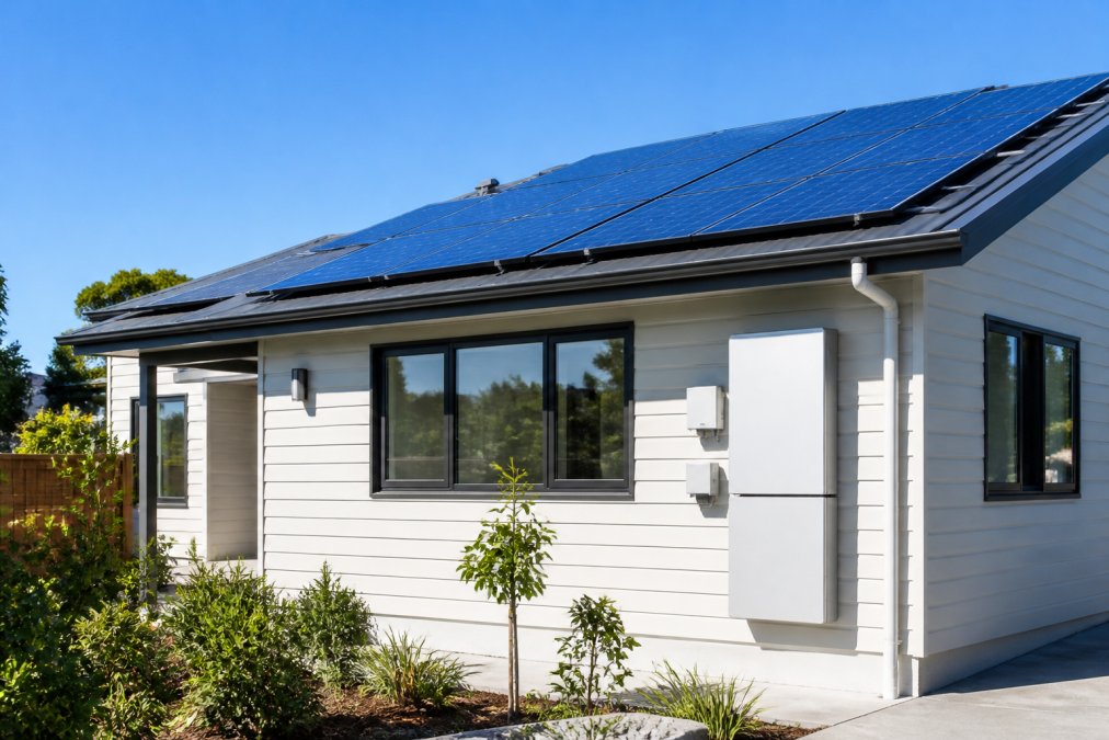 Rooftop solar panel array on a small home with a battery storage unit mounted on an exterior wall, clear blue sky, suburban setting