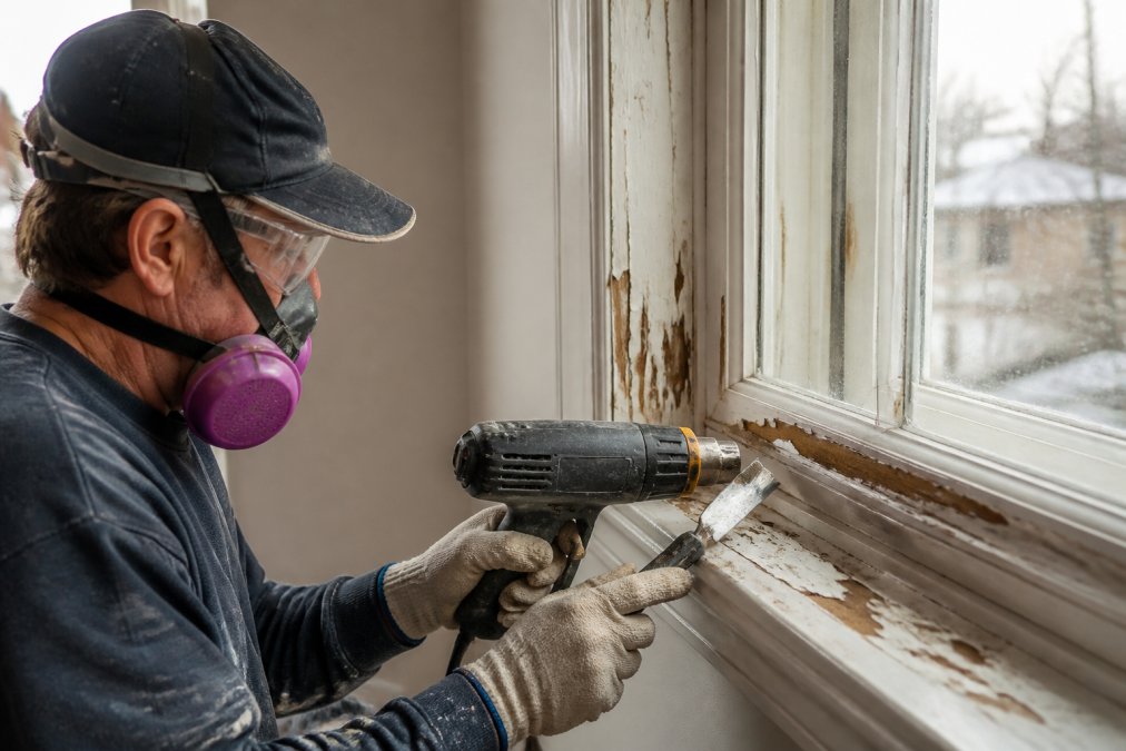 Professional painter wearing protective gloves and respirator, using an infrared heat gun on wooden window trim with paint softening visible on the surface, natural daylight from window