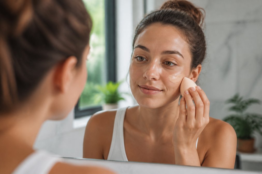 Woman applying lightweight BB cream with a sponge for a natural finish as one of the best alternatives to heavy full