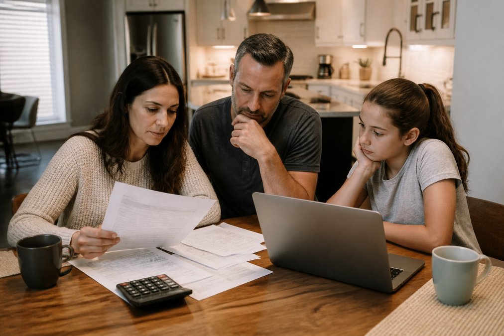 A family reviewing auto insurance documents and a laptop at a kitchen table, with a calculator and coffee cups, discussing policy options under warm evening lighting