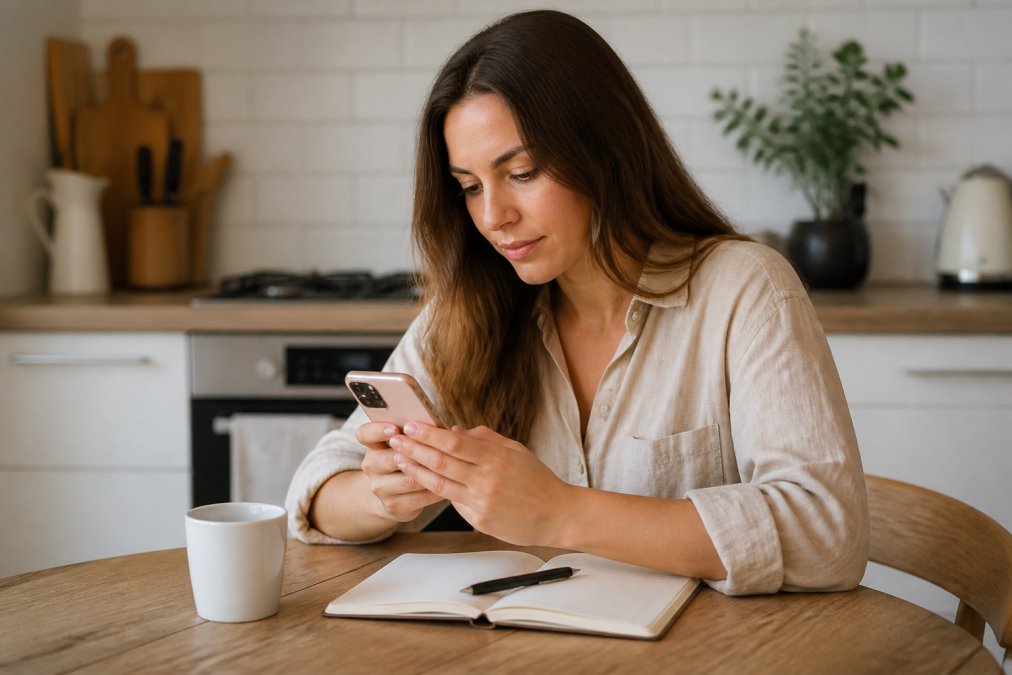 A young woman sitting at a kitchen table with a smartphone in hand, scrolling through Instagram, with a notebook and coffee nearby, looking focused and relaxed in a bright home setting