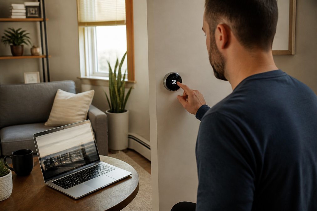 A homeowner adjusting a smart thermostat on a wall in a cozy living room, with a laptop showing an energy usage dashboard on a coffee table nearby