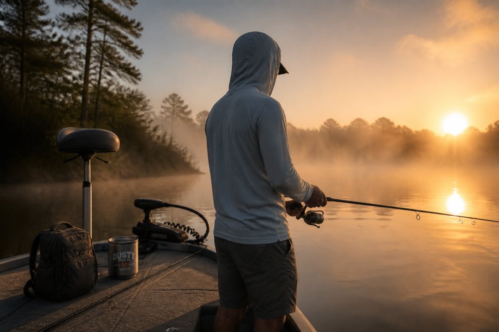 Angler wearing a performance fishing shirt similar to huk fishing gear holding a rod on a misty boat deck at sunrise