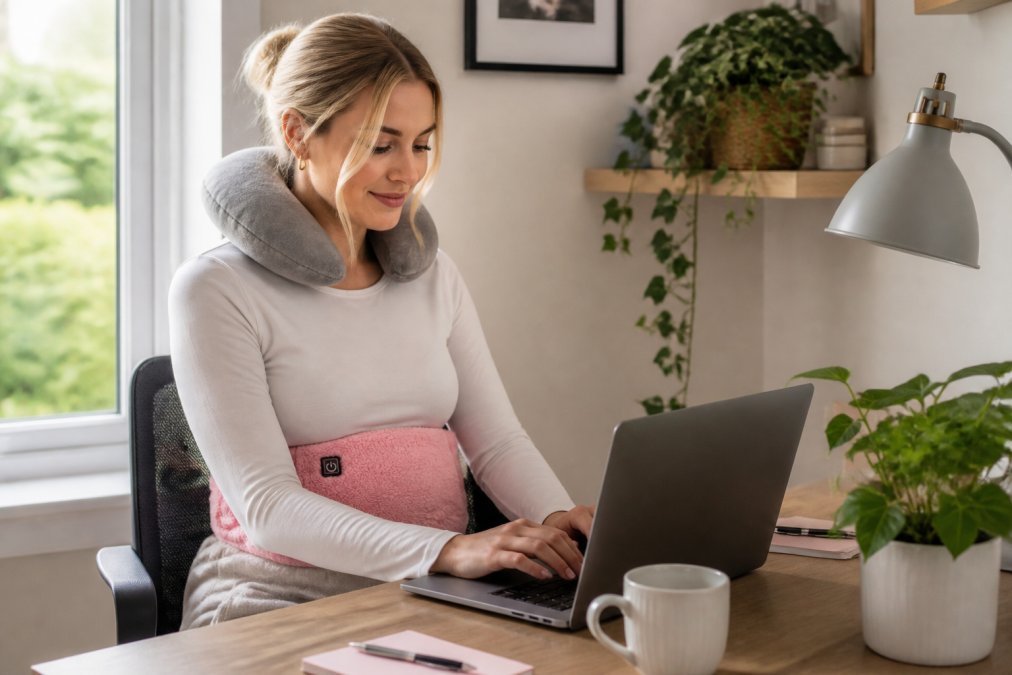 Remote worker at a home desk with ergonomic gadgets like a neck support pillow and heated pad visible, comfortable and focused on their laptop with natural window lighting