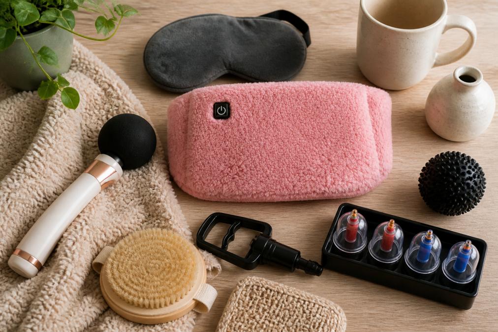 Flat lay of curated wellness and comfort gadgets including heated eye mask, massage tools, recovery cupping set, and home essentials arranged on a light wooden surface with soft natural lighting