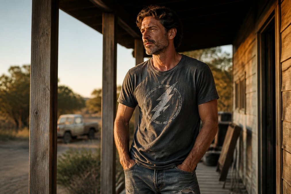 A man in his 40s wearing a faded garment-dyed graphic tee and worn jeans, standing on a wooden porch at golden hour, relaxed posture, warm natural light