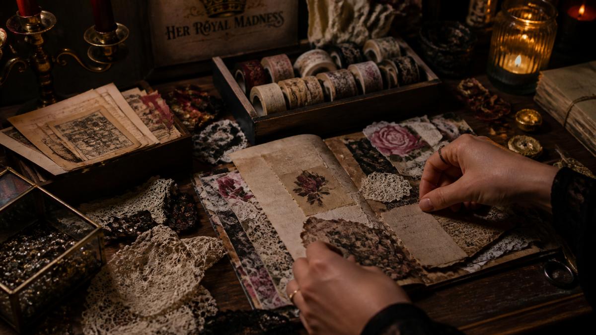 A cluttered wooden desk covered with vintage ephemera, lace scraps, washi tape, and a half-finished junk journal page, with hands arranging torn paper pieces under warm, moody lighting