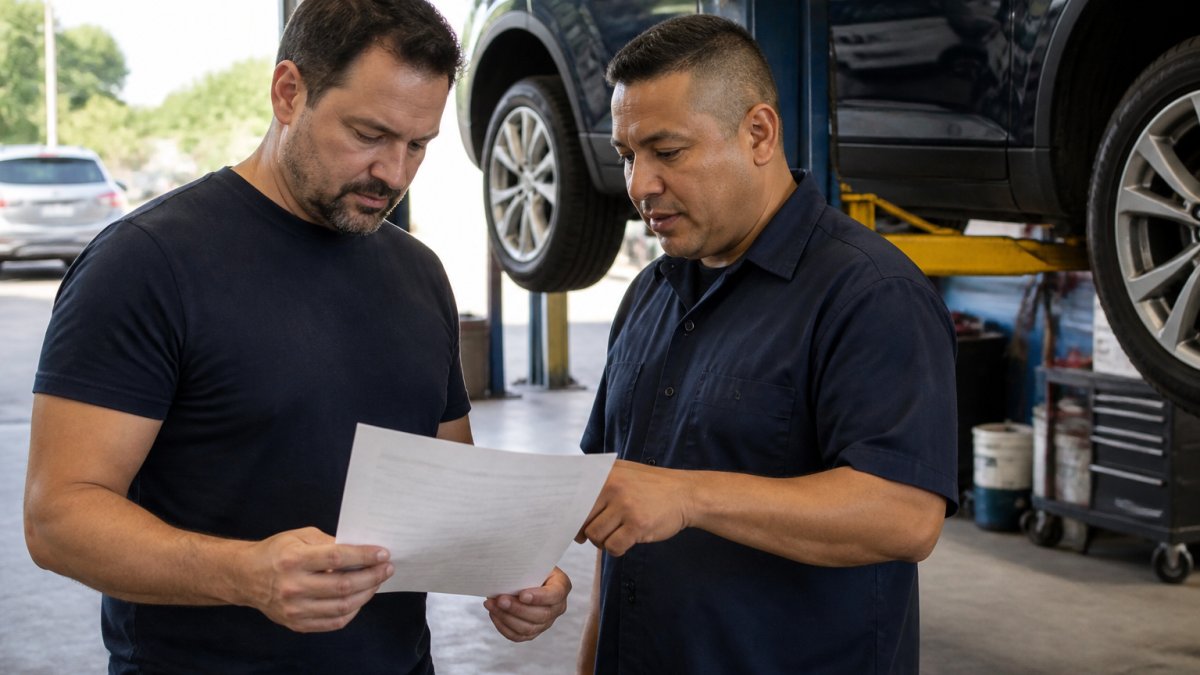 A vehicle owner standing in an independent auto body shop, reviewing a printed repair estimate with a technician beside a car raised on a lift, daylight through open bay doors