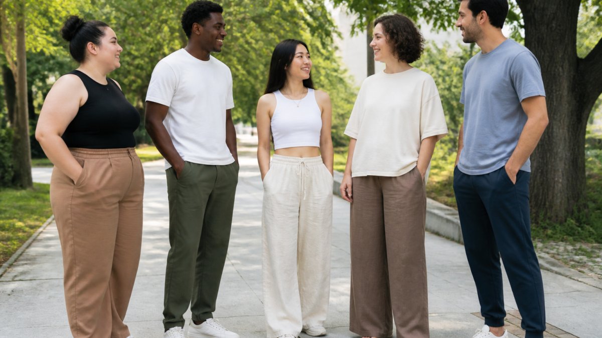 Infographic comparing comfort features of chinos, joggers, wide-leg trousers, and linen pants by body type