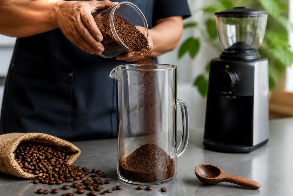 Hands pouring coarsely ground coffee into a large glass cold brew pitcher, with whole coffee beans scattered on the counter, a burr grinder, and a wooden measuring spoon visible in natural morning light