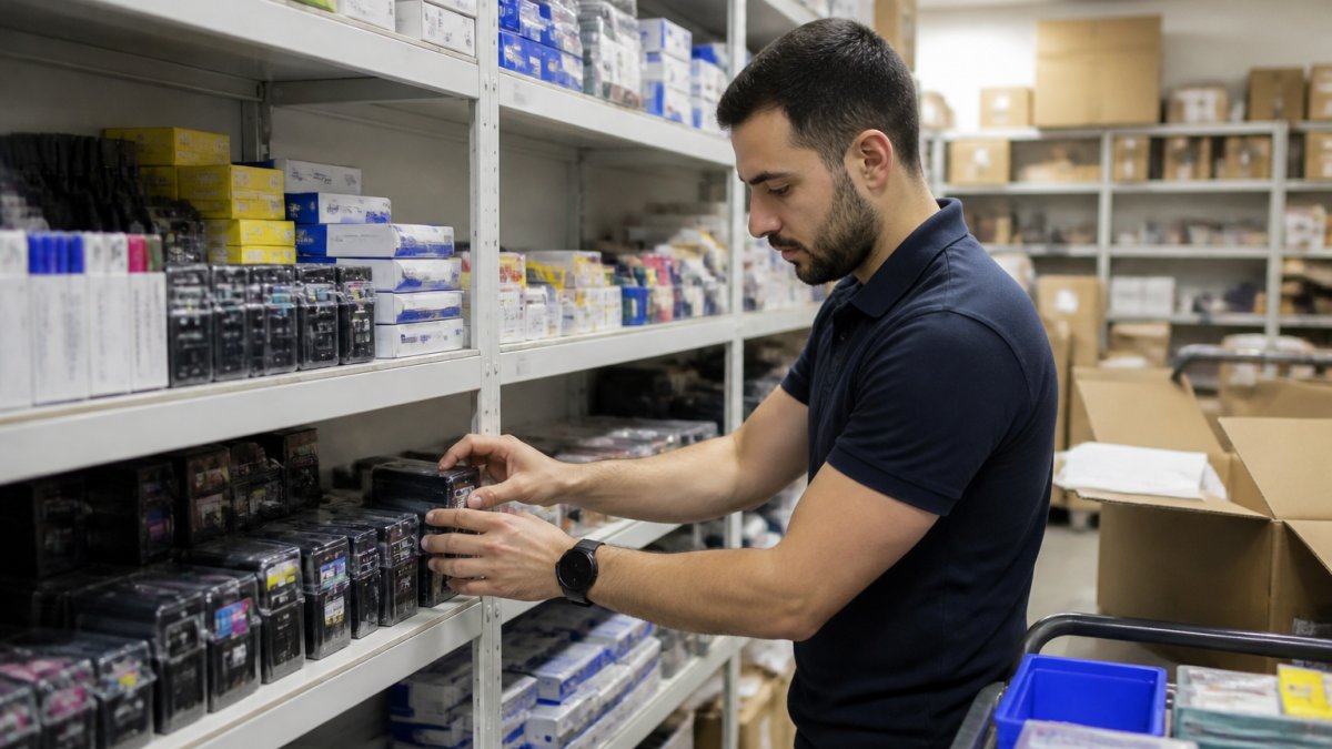 Office manager organizing and sorting printer ink cartridges and stationery supplies on shelves in a well-lit warehouse storage area, showing efficient inventory management system