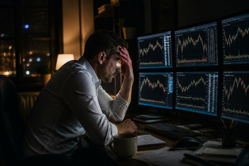 A focused trader staring at multiple monitors displaying fluctuating forex charts late at night, looking stressed and fatigued under dim office lighting