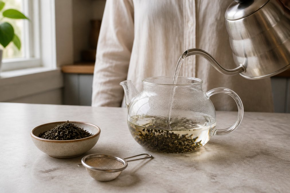 A person pouring hot water from a kettle over loose tea leaves in a clear glass teapot on a kitchen counter, a small ceramic bowl of dry tea leaves and a fine mesh strainer beside it, soft morning light through a window