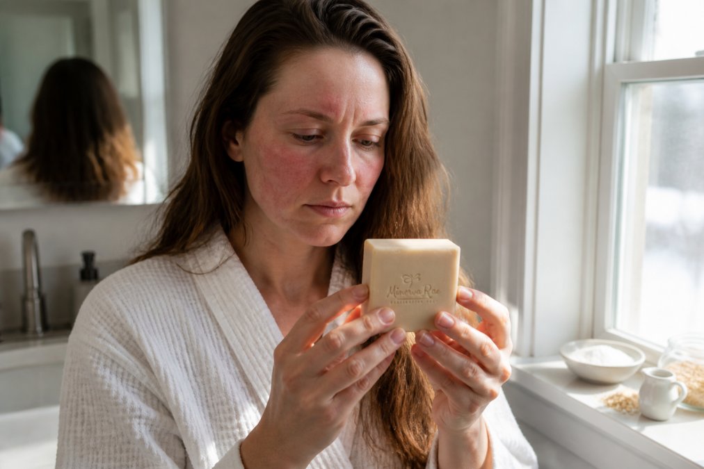 Person with visibly dry, sensitive skin examining a soap bar closely in their bathroom, reading the ingredient label carefully with natural morning sunlight streaming through a window, surrounded by minimal skincare products
