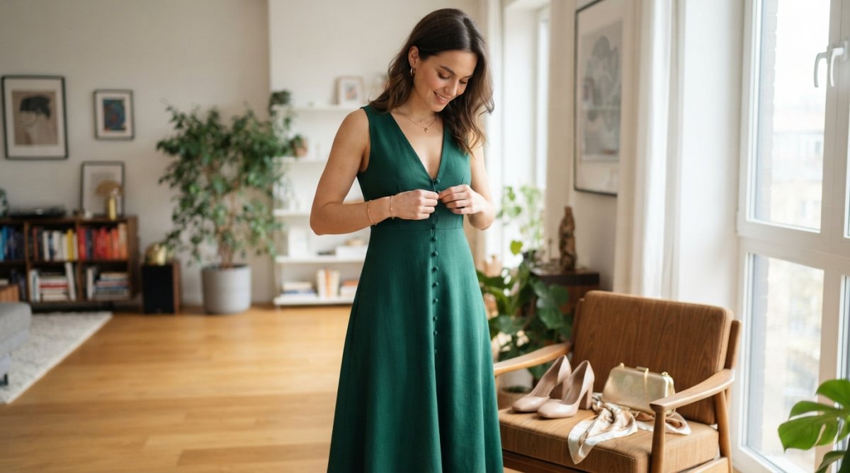 Woman in a deep V-neck midi dress adjusting her outfit, one of the best alternatives to Nasty Gal for occasion wear.