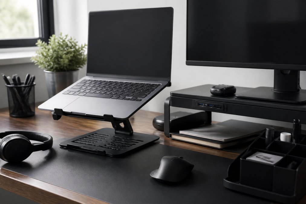 Organized home office workspace featuring laptop stand with cooling design, wireless ergonomic mouse, monitor stand with integrated USB hub, and desk organizer accessories arranged on clean desk surface with natural window lighting