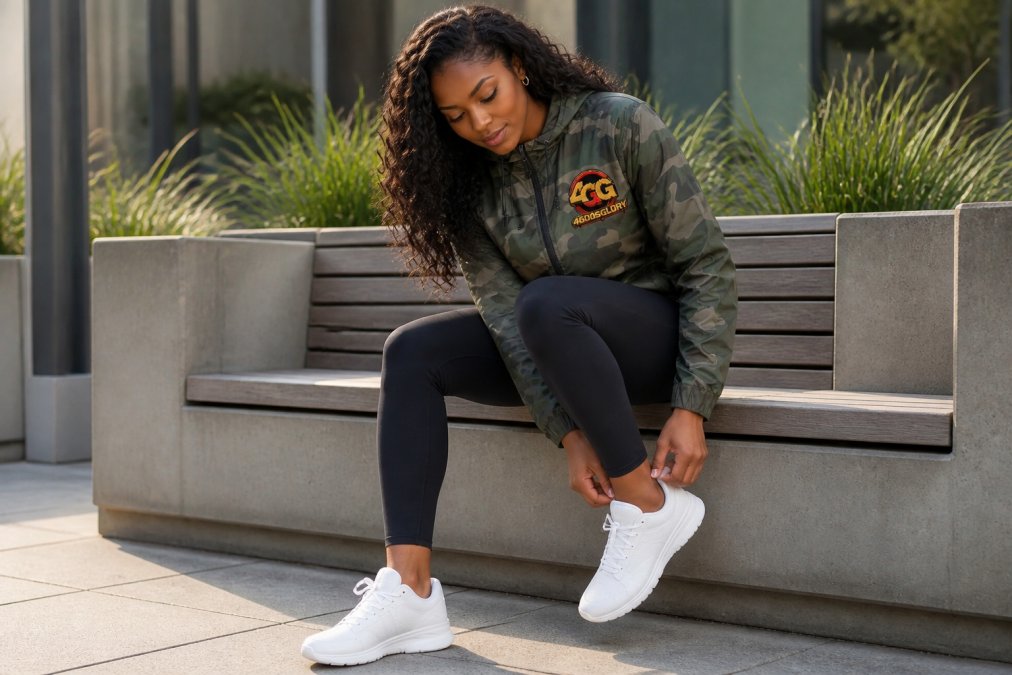 Person sitting on modern bench trying on casual sneakers, examining the fit around heel and arch area with natural daylight