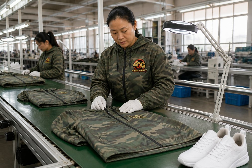 Factory worker inspecting completed sneakers on production line with quality control equipment visible in modern manufacturing facility with natural light