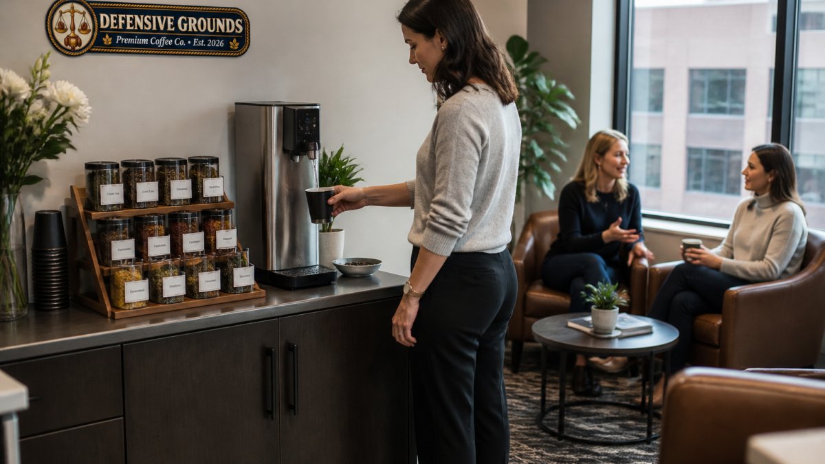 A modern office break room with a tea station featuring loose leaf teas in labeled tins, a hot water dispenser, and comfortable seating, with a professional in business casual attire preparing a cup of tea
