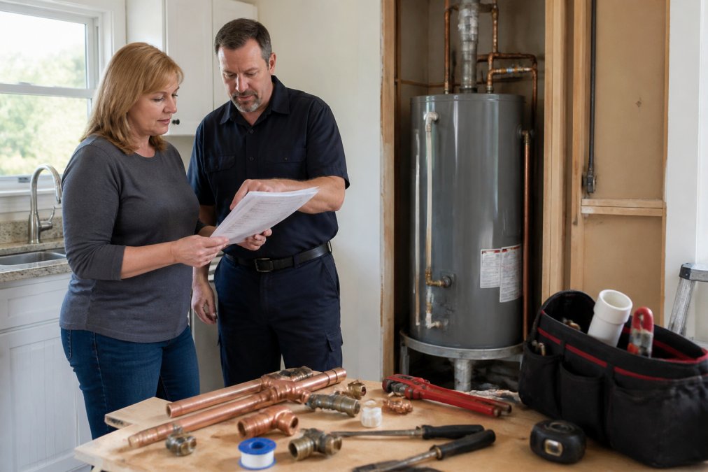 A homeowner reviewing paperwork with a licensed plumber in a residential kitchen, both examining a water heater installation area with natural daylight from a nearby window