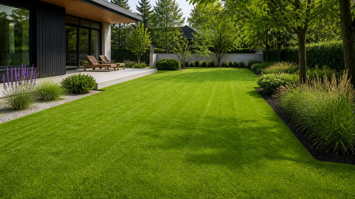 A residential lawn with clean, defined edges, vibrant green grass, and minimalist landscaping design showing balanced, well-maintained yard in natural daylight