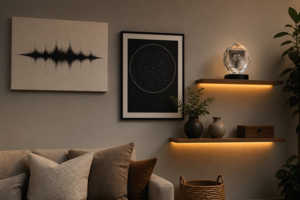 A living room wall showcasing multiple creative photo display methods including a 3D crystal on a floating shelf with warm LED lighting, a custom star map print in a minimalist frame, and a soundwave art piece on canvas, arranged to demonstrate interior styling variety and visual interest