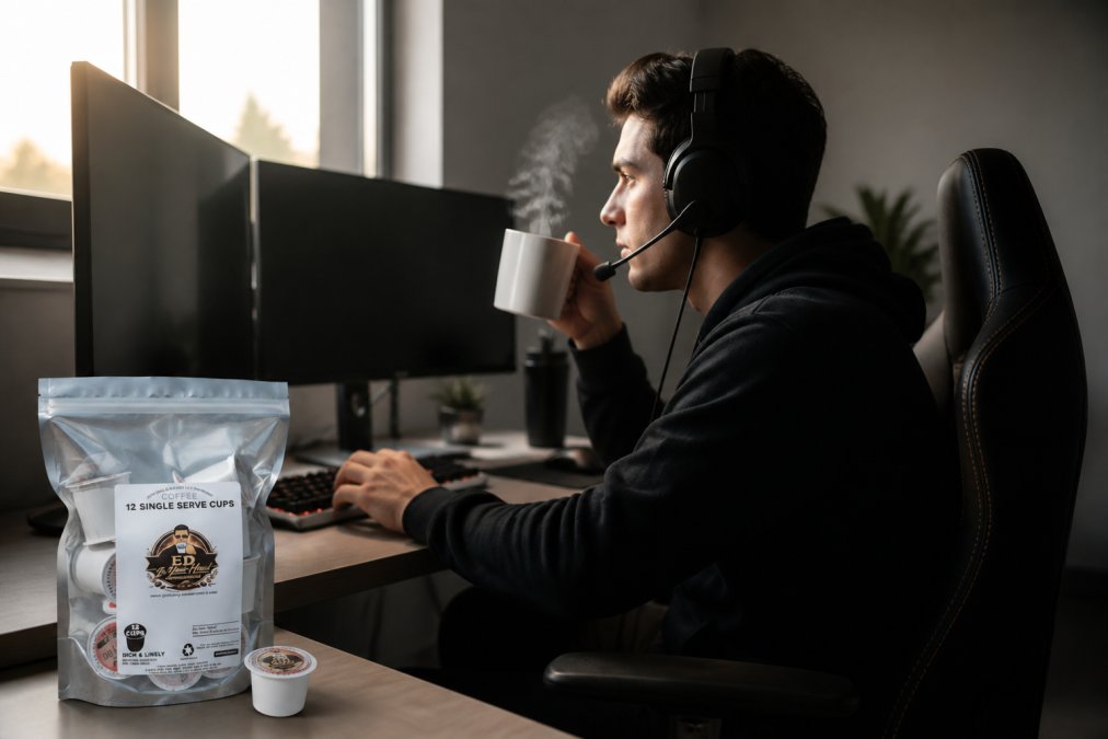 Competitive gamer holding a steaming cup of fresh coffee at their gaming desk, focused expression with multiple monitors visible in soft morning light