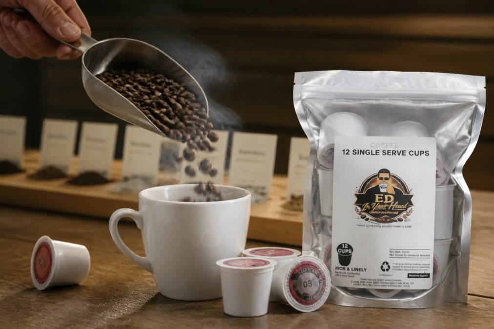 Close-up of dark roasted coffee beans being poured into a white ceramic cup with steam rising, wooden tasting table with flavor note cards visible in soft natural light