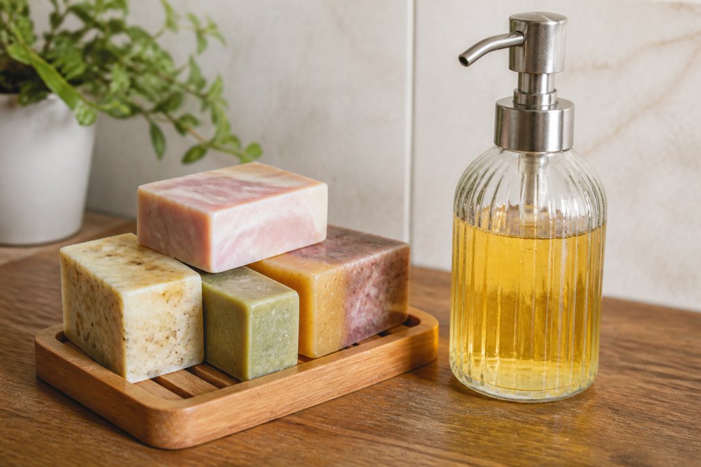 Close-up of colorful handcrafted bar soaps with natural textures arranged on a wooden soap dish next to a glass dispenser with liquid soap, showing contrast between solid and liquid formats