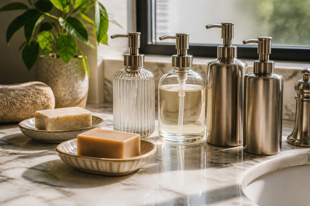 Elegant bathroom countertop displaying glass soap dispensers and stainless steel pump bottles alongside ceramic soap dishes holding artisan bar soaps, with natural morning light illuminating the products