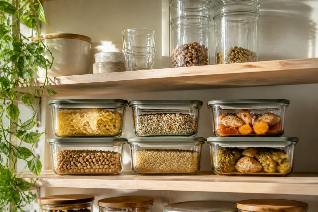 Well-organised kitchen shelf displaying stacked borosilicate glass containers with silicone lids, filled with colourful dried pasta, grains, and leftovers in natural morning light