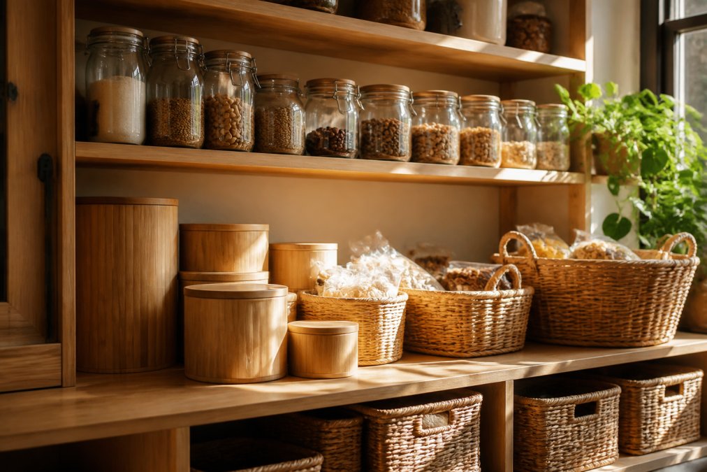 Warm-toned pantry cupboard with stacked bamboo canisters, wicker baskets filled with dried goods, and glass jars on wooden shelves, afternoon sunlight streaming across the display