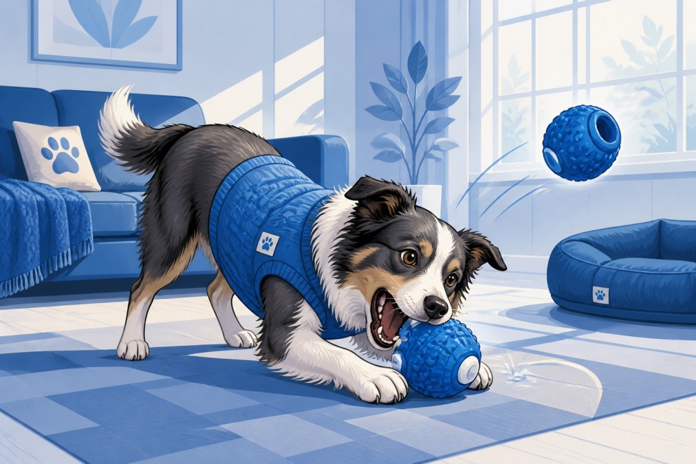Close-up of a dog actively playing with a durable interactive toy on a living room floor, showing engaged chewing and tossing behavior with natural afternoon sunlight streaming through windows