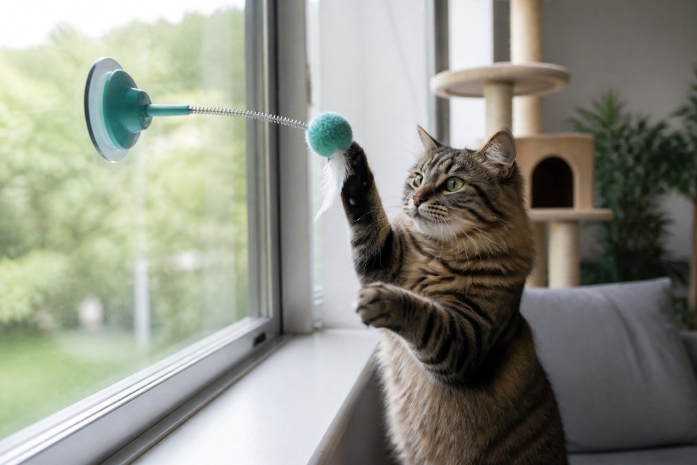 Cat actively batting and playing with an interactive suction cup toy attached to a window, demonstrating engaged enrichment play in a bright home setting with natural daylight