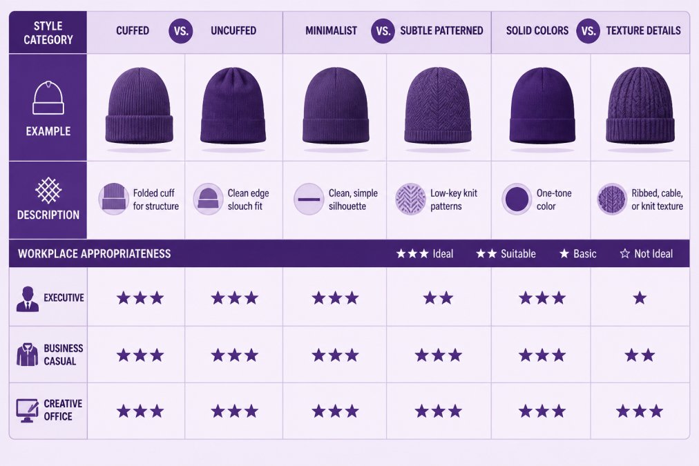 Comparison matrix showing professional beanie style categories: cuffed vs. uncuffed silhouettes, minimalist vs. subtle patterned designs, solid colors vs. texture details, with workplace appropriateness ratings (executive, business casual, creative office)