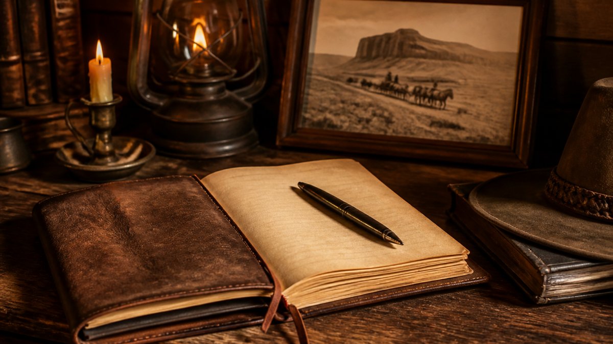 Weathered leather journal open on a wooden desk with a pen, candlelight, and a framed old photograph of a frontier landscape in the background