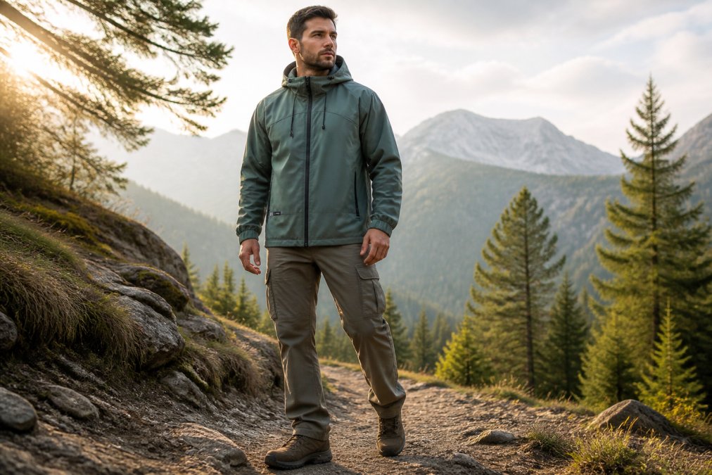 Outdoor enthusiast wearing practical outdoor apparel on a rugged mountain trail in morning light