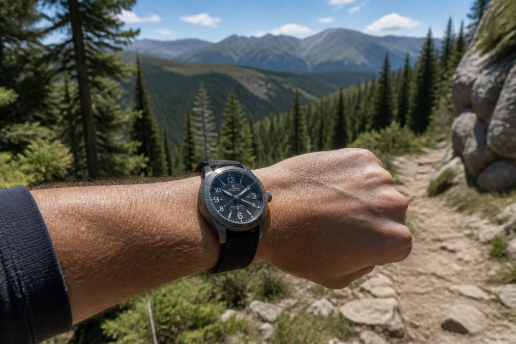 Outdoor enthusiast wearing a rugged mechanical watch on wrist while hiking on a mountain trail with dense forest and clear sky visible in the background